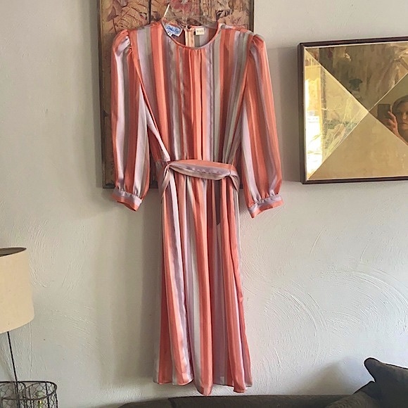 60s 70s VINTAGE LESLIE FAY SILKY LS STRIPE BELTED PRARIE BOHO MIDI DRESS 6 VTG - Picture 16 of 16